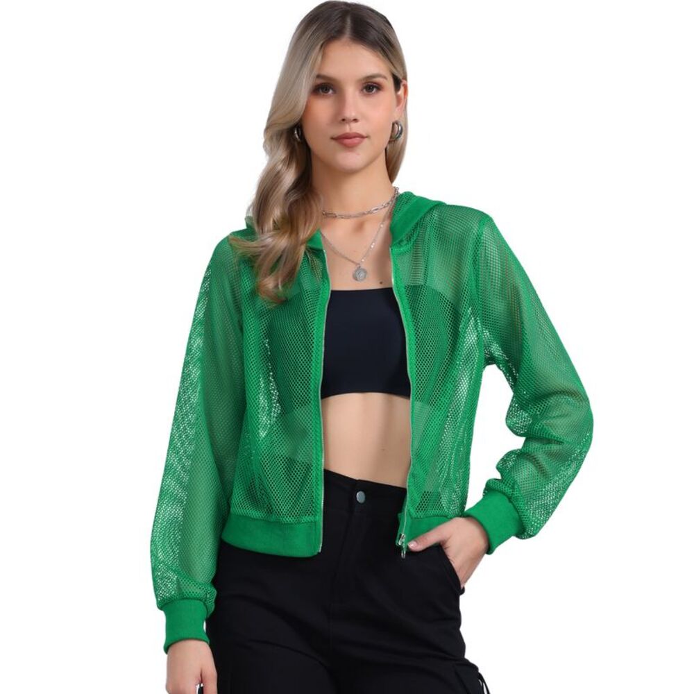 Hoodie Jacket Zip Up Long Sleeve Mesh Sheer Bomber Jackets Green